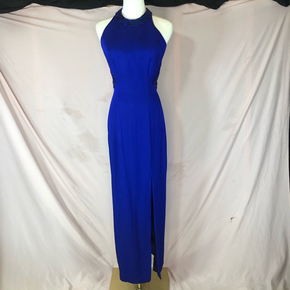 Dave & Johnny Cobalt Blue Halter Maxi Gown Size Small 3/4